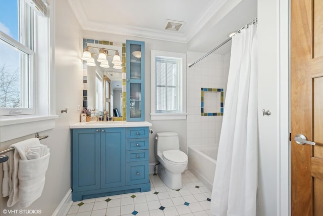 full bathroom featuring ornamental molding, shower / bath combo, vanity, and toilet