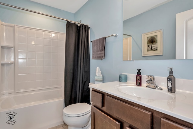 full bathroom featuring shower / bath combo, tile patterned floors, vanity, and toilet