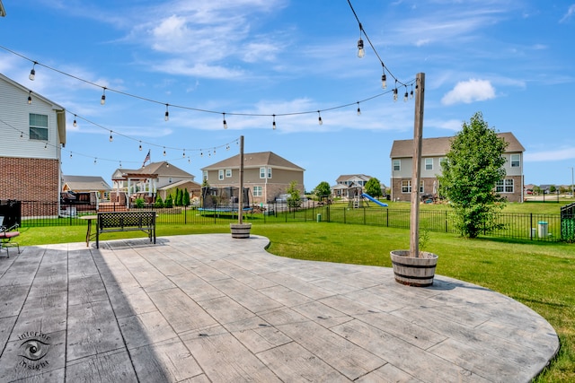 surrounding community featuring a playground, a trampoline, a lawn, and a patio area