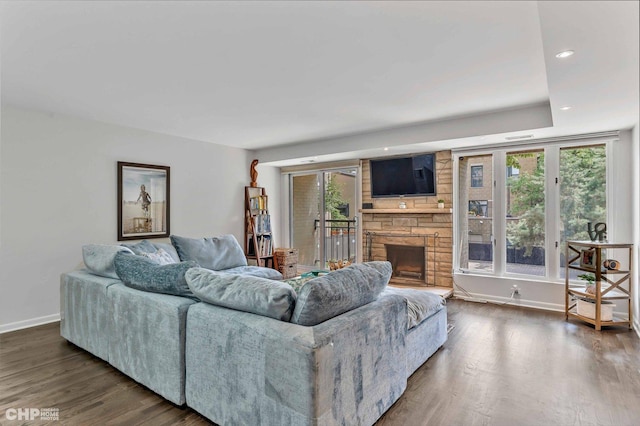 living room featuring a fireplace and dark wood-type flooring