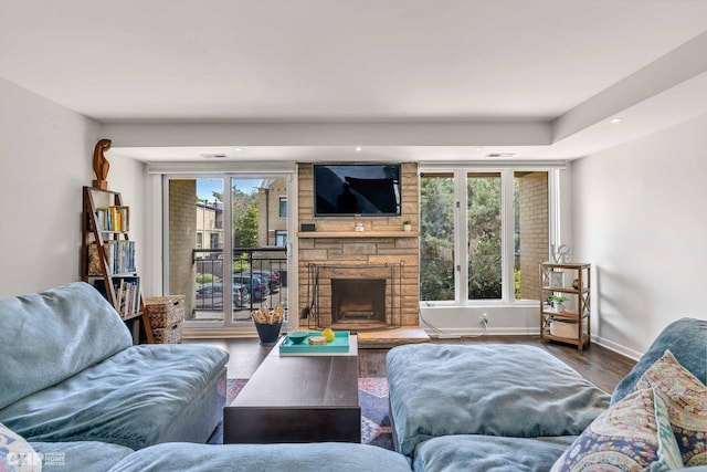 living room featuring hardwood / wood-style floors and a stone fireplace