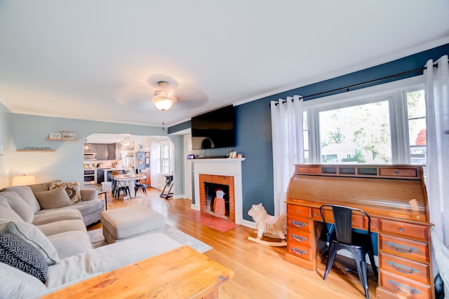 living room with a fireplace, hardwood / wood-style floors, and ceiling fan