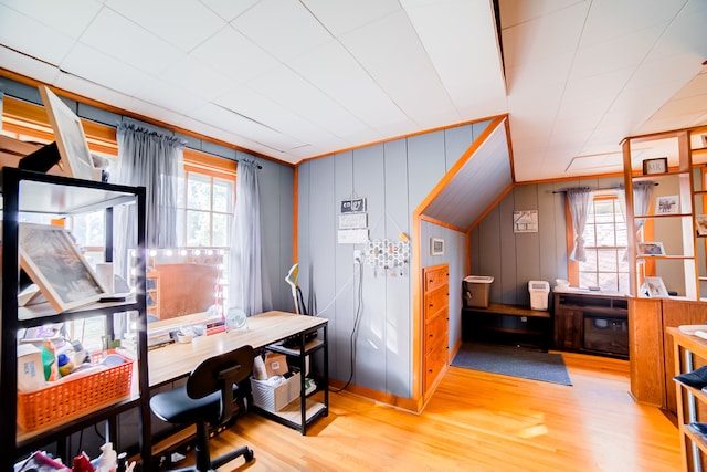 office space with wood walls, wood-type flooring, and a wealth of natural light