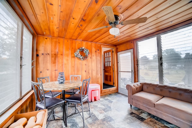 sunroom with ceiling fan and wood ceiling