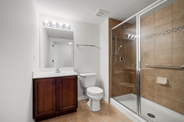 full bath featuring vanity, a shower stall, toilet, and visible vents