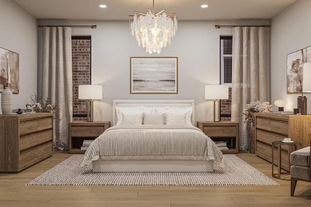 bedroom featuring light hardwood / wood-style floors and a notable chandelier