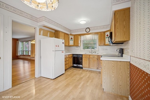 1087 Cedar Ln, Northbrook, IL 60062 - kitchen featuring freestanding refrigerator, dishwasher, light wood finished floors, range, and wallpapered walls