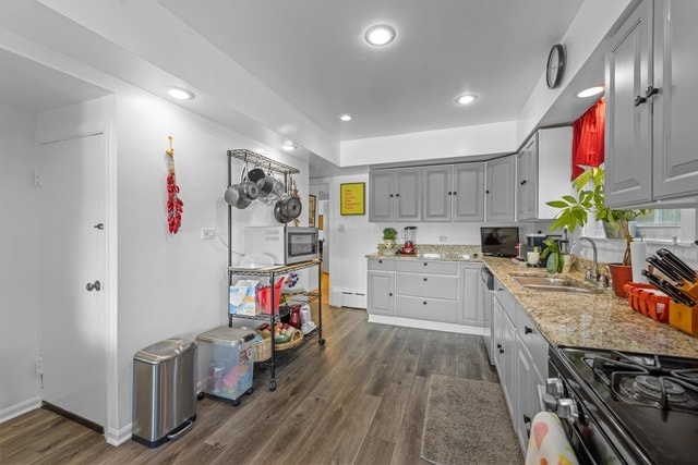 kitchen featuring sink, gray cabinetry, appliances with stainless steel finishes, dark hardwood / wood-style floors, and light stone countertops