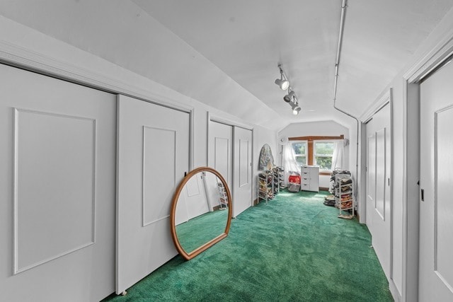 interior space with lofted ceiling, rail lighting, and carpet floors