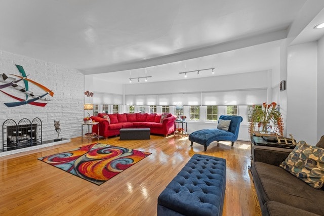 living room with track lighting and hardwood / wood-style floors