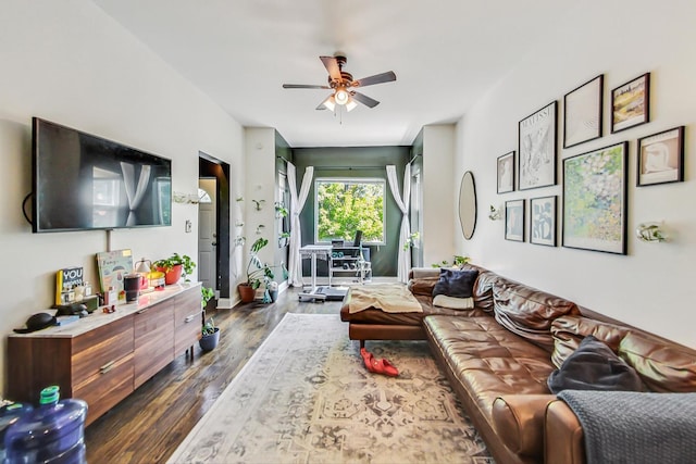 living room featuring ceiling fan and dark wood-type flooring