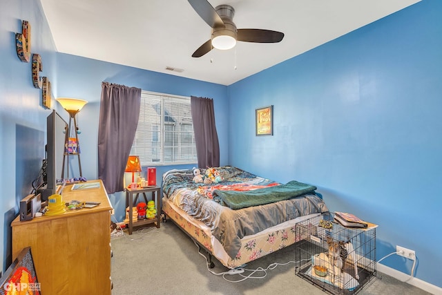 carpeted bedroom featuring ceiling fan