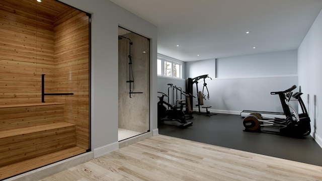 workout area featuring light hardwood / wood-style flooring