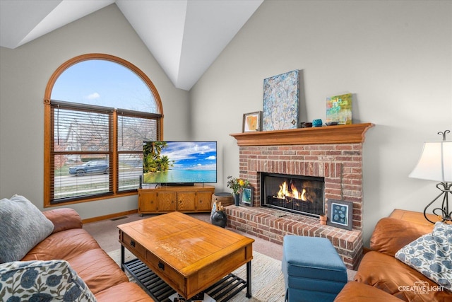 carpeted living room featuring lofted ceiling and a fireplace