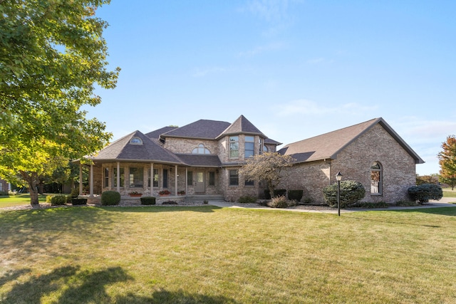 french country home with a porch and a front lawn