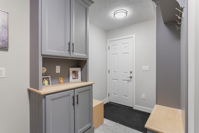 interior space featuring light carpet, gray cabinets, and a textured ceiling