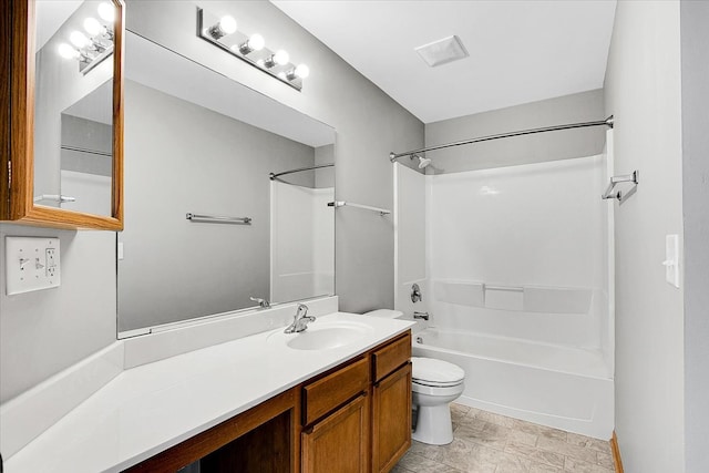 full bathroom featuring vanity, toilet, washtub / shower combination, and tile patterned flooring