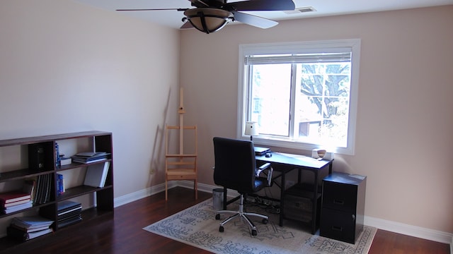 office area with dark hardwood / wood-style floors and ceiling fan