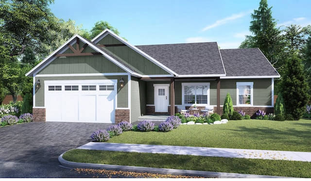 craftsman house featuring covered porch, a front yard, and a garage