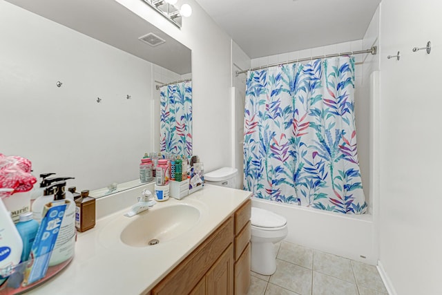 full bathroom with vanity, tile patterned floors, toilet, shower / bathtub combination with curtain, and visible vents