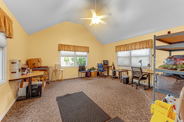 misc room with ceiling fan, vaulted ceiling, and carpet flooring