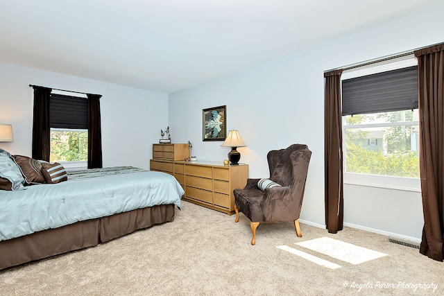 bedroom with multiple windows and light carpet