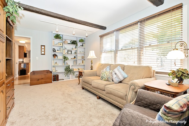 living room featuring light carpet, beamed ceiling, a wealth of natural light, and track lighting