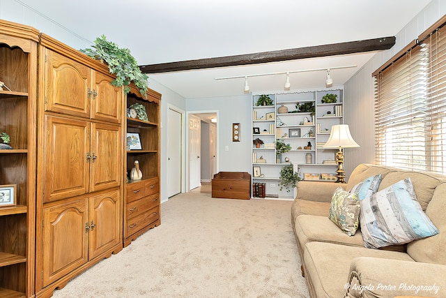 carpeted living room featuring beam ceiling and rail lighting