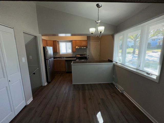 kitchen with lofted ceiling, sink, kitchen peninsula, appliances with stainless steel finishes, and dark hardwood / wood-style floors