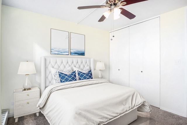 bedroom with carpet floors, a closet, and ceiling fan