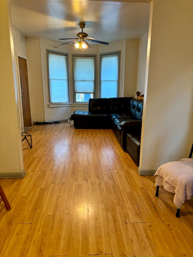 living room with ceiling fan, plenty of natural light, and light hardwood / wood-style flooring