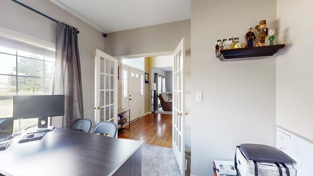 office space featuring french doors, hardwood / wood-style flooring, and a wealth of natural light