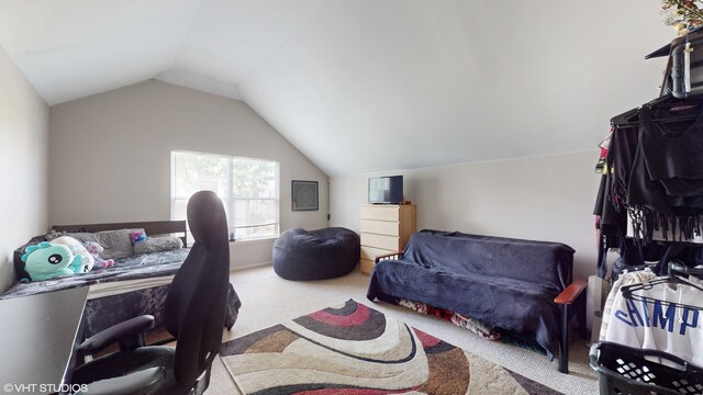 office featuring carpet flooring and vaulted ceiling