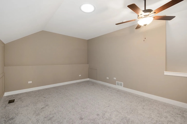 bonus room featuring carpet floors, lofted ceiling, and ceiling fan