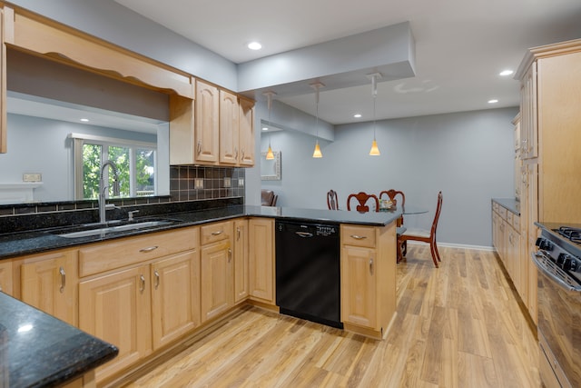 kitchen featuring light brown cabinets, sink, light hardwood / wood-style floors, stainless steel range with gas cooktop, and black dishwasher