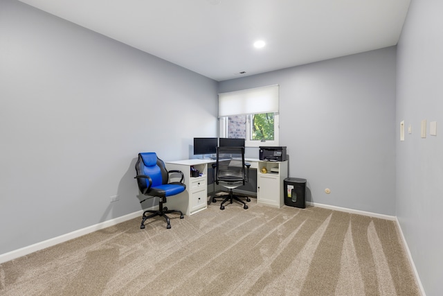 office area featuring light carpet