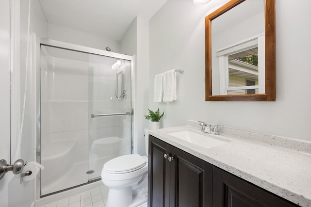 bathroom featuring an enclosed shower, tile patterned floors, vanity, and toilet