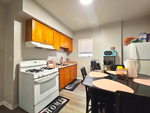 kitchen with light hardwood / wood-style floors, sink, and white appliances