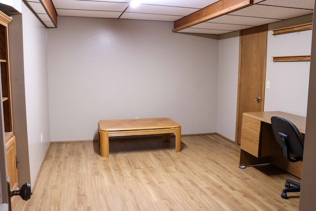 home office with a drop ceiling and light wood-type flooring