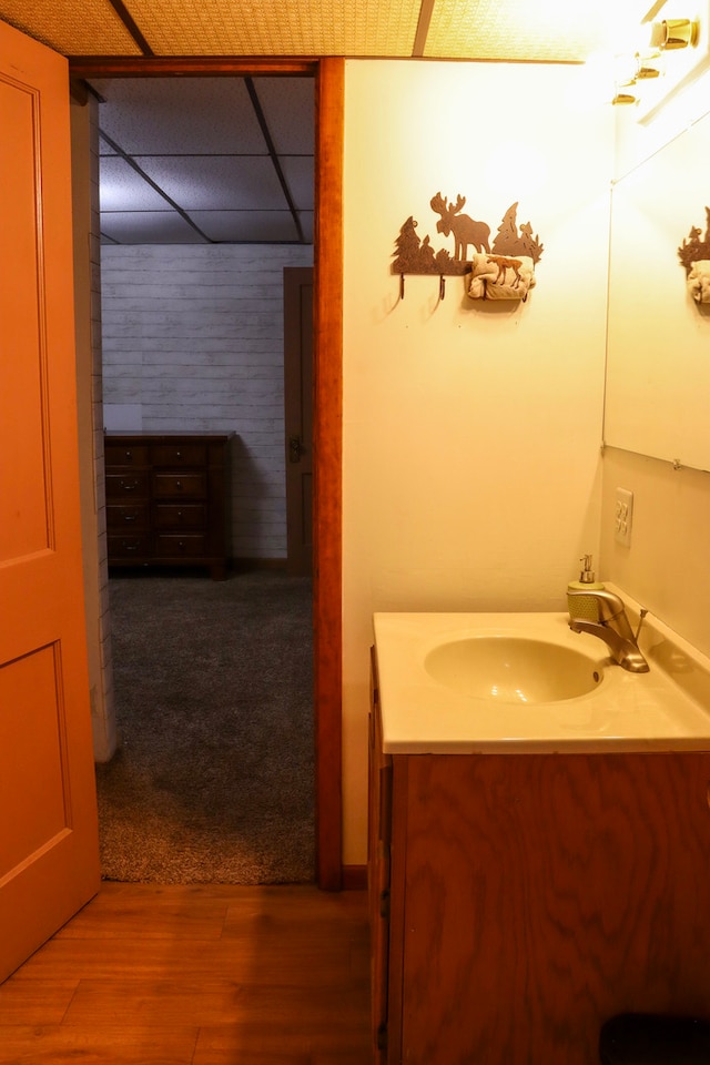 bathroom featuring wood-type flooring, vanity, and a drop ceiling