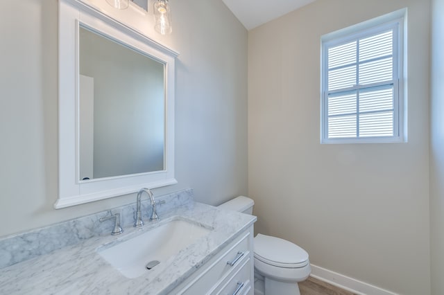 bathroom with vanity, toilet, and wood-type flooring