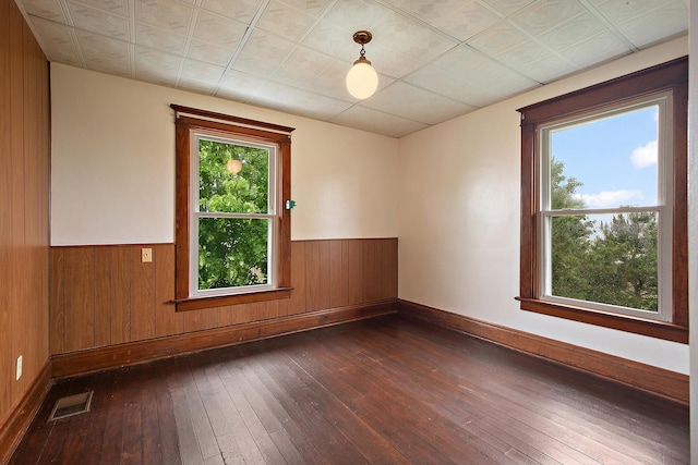 26811 S Kankakee St, Manhattan, IL 60442 - empty room featuring dark wood-style flooring, wooden walls, and a wainscoted wall