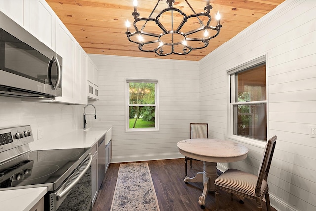 26811 S Kankakee St, Manhattan, IL 60442 - kitchen with stainless steel appliances, wooden ceiling, a chandelier, dark wood-style flooring, and white cabinetry