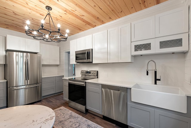 26811 S Kankakee St, Manhattan, IL 60442 - kitchen with stainless steel appliances, gray cabinetry, a chandelier, wood ceiling, and light countertops