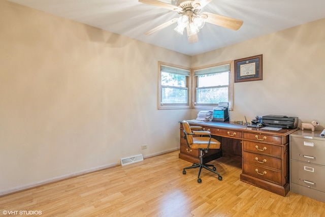 office featuring ceiling fan and light hardwood / wood-style floors