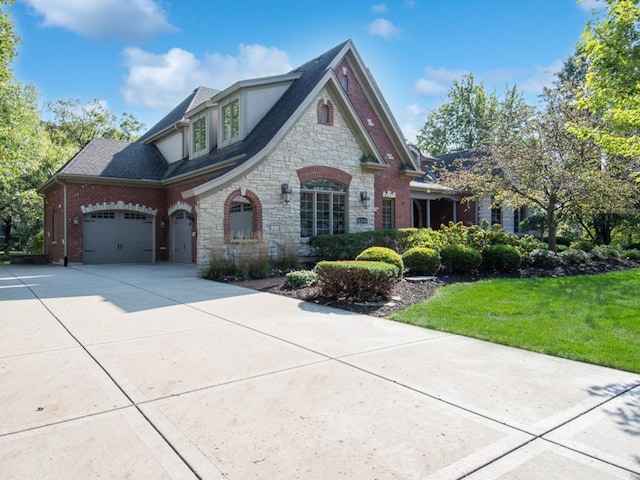 view of front of property with a garage and a front lawn