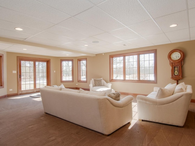 living room with a paneled ceiling and carpet floors