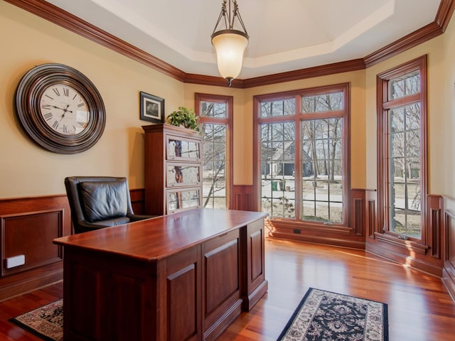 office space featuring ornamental molding, plenty of natural light, light hardwood / wood-style floors, and a tray ceiling