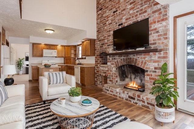 living room featuring sink, a fireplace, a textured ceiling, and hardwood / wood-style flooring