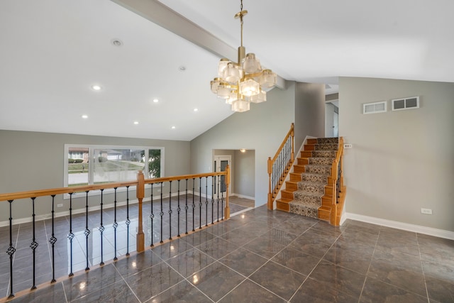 interior space featuring a chandelier and vaulted ceiling with beams